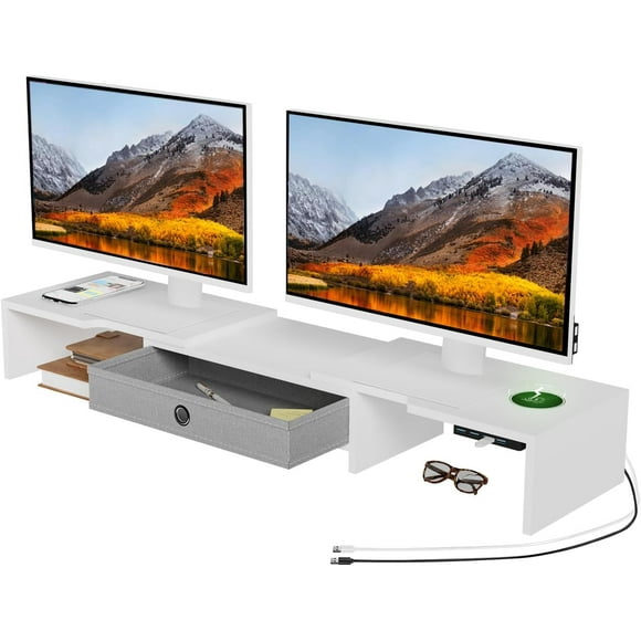 UTAH-Monitor Stand with Drawer, Dual Monitor Stand Riser with Adjustable Length and Angle, Computer Stand, Desk Organizer for PC Monitor/Laptop/MacBook