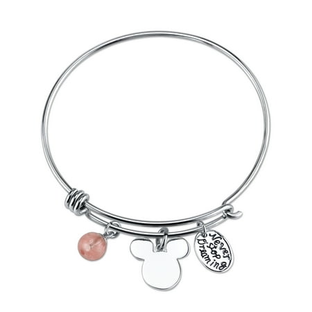 Stainless Steel Catch Bangle with Silver Plated Mickey Mouse Head, Never Stop Dreaming, and Cherry Quartz Bead Charm Bangle (Best Way To Catch A Mouse At Home)