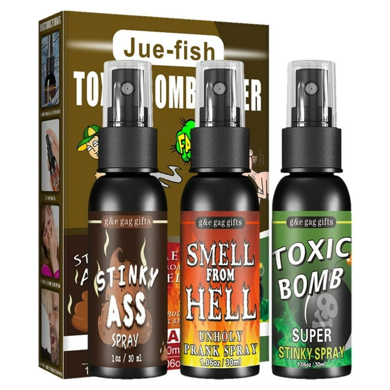  Nasty Smelling 3 Pack - Stinky Ass Fart Spray - Toxic Bomb - Smell  From Hell - Plus 2 oz Stinky Ass Hand Gel Prank - Stinky Ass Fart Cards :  Toys & Games