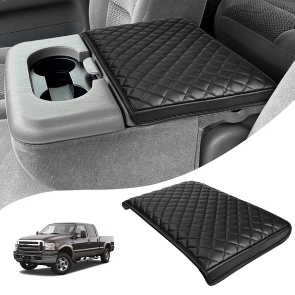 KBH Center Console Armrest Cover Fit for 1999-2010 Ford F250 F350 F450 & 2001-2005 F550 with Jump Seat, Leather Middle Console Lid Cover Cushion Pad for Truck Interior Accessories, Black