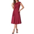 thumbnail image 2 of INSPIRE CHIC Women's Crewneck Cap Sleeve Zipper Work Office Elegant A-Line Midi Dresses M Wine Red, 2 of 6