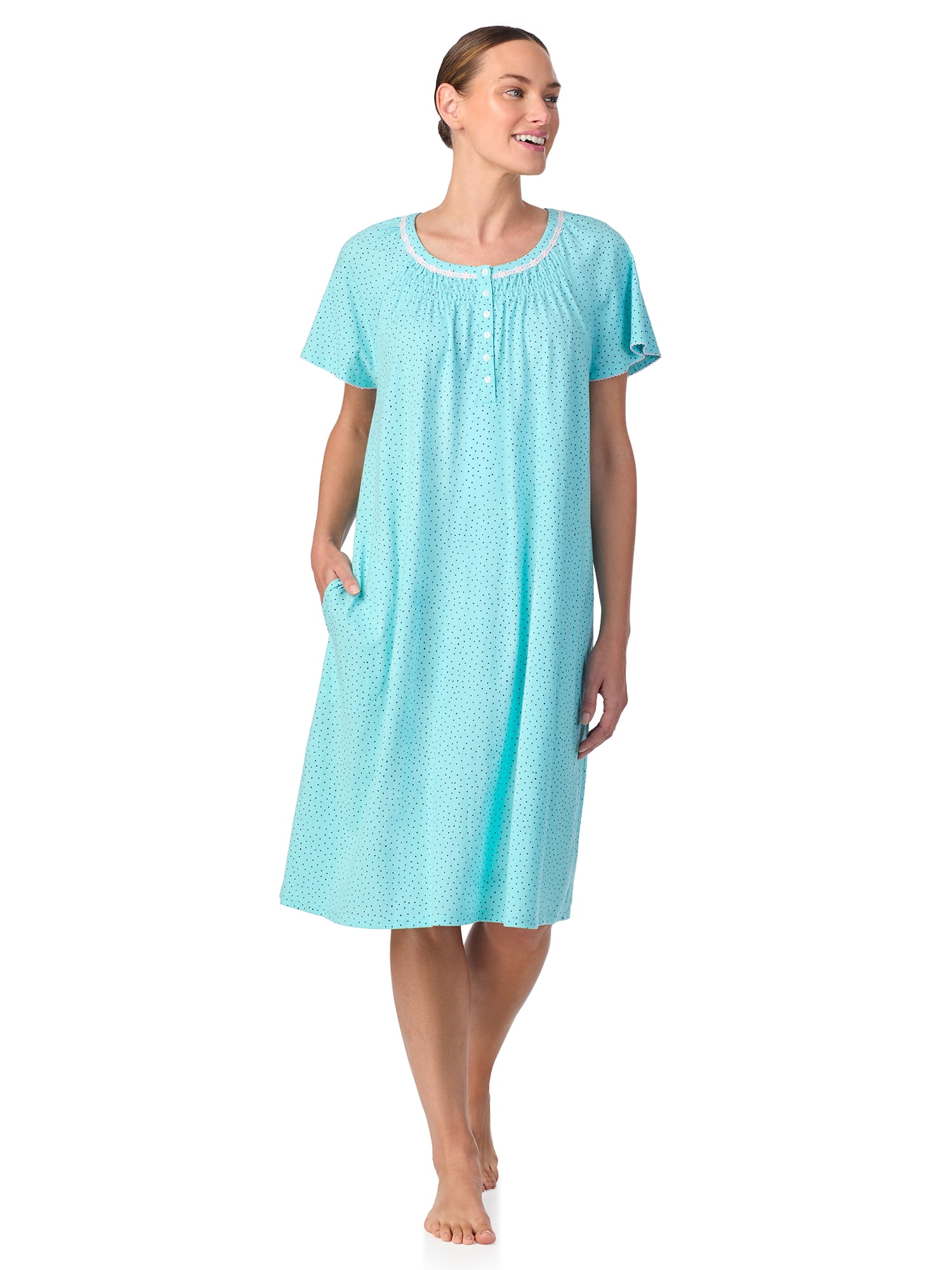 Aria Women's 100% Cotton Raglan Sleeve Smocked Neck Sleepwear 40" Gown, Sizes XS-5X