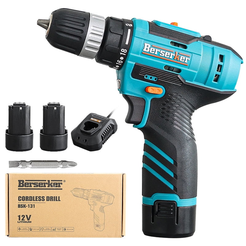 Berserker 12V Compact Cordless 3/8-inch Drill Driver with Two 2.0Ah Battery Packs, 18+1 Torque Settings and Built-in LED Light for Home Renovation and DIY Projects