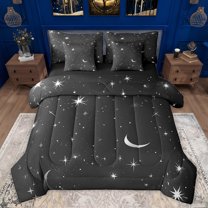 jejeloiu Cartoon Stars Moon 7pcs Bedding Comforter Set,Galaxy Strayy Sky Queen Bedding Sets,White Black Queen Sheet Sets For Teens,Super Cozy Room Decor Reversible