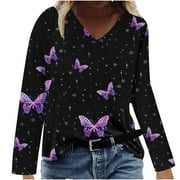 ZQGJB Floral Tops for Women Long Sleeve Casual V Neck Graphic Tees Shirt Omber Printed Basic Tunic Top Loose Comfy Oversized Cotton Blouse Black M