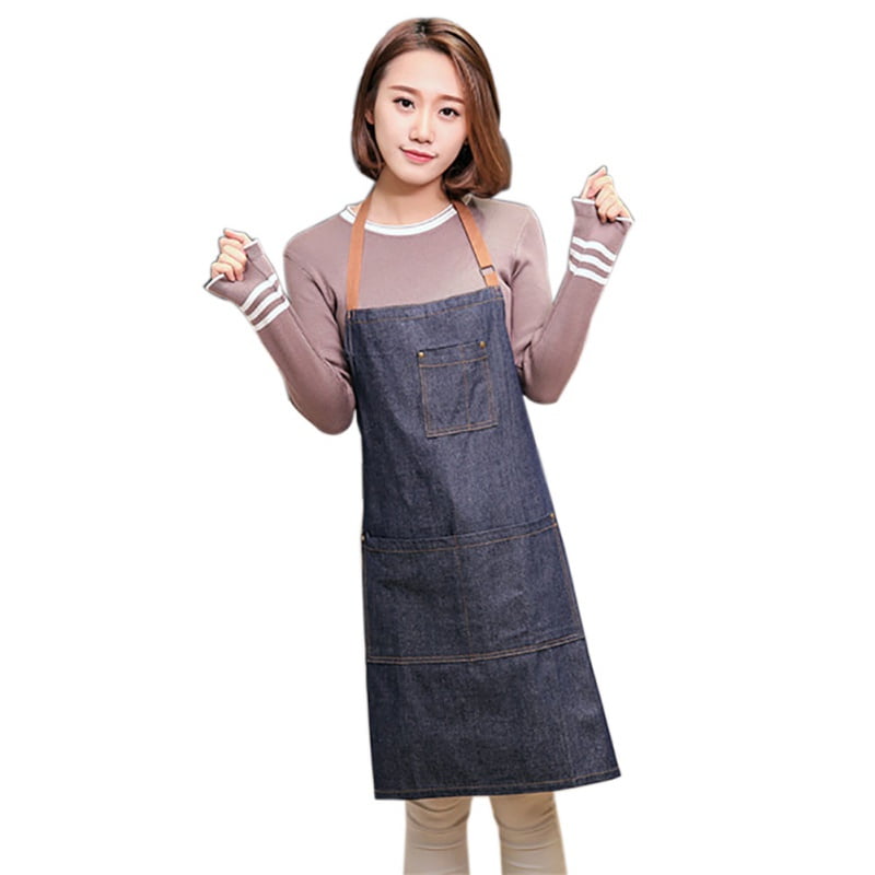 Chef Work Apron Barista Painter Pinafore Workwear Denim Full Apron With Pockets 