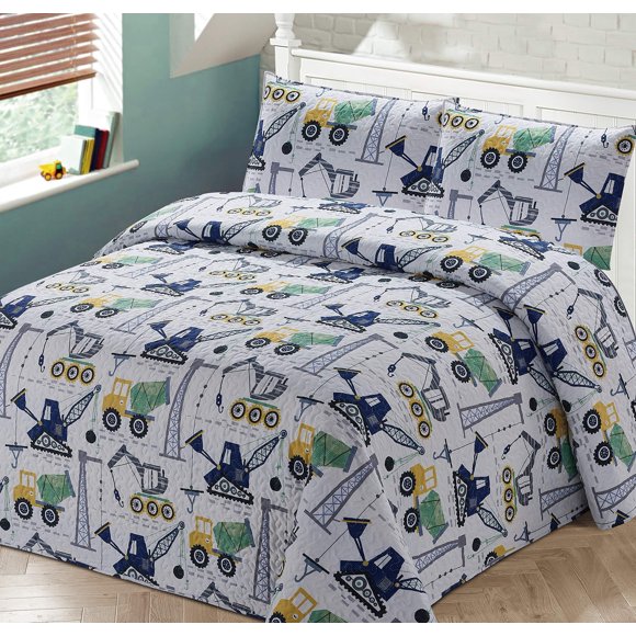 Ensemble de Couvre-Lit et Courtepointe Enfants/adolescents Garçons Camions Grue de Construction Camion de Ciment Blanc Bleu Vert Noir Gris Neuf (Simple/Grand)