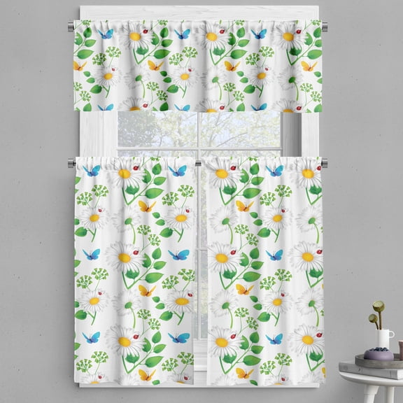 Ambesonne Flower Valance & Curtain, Ladybugs on Chamomiles, 55"x30", White Green