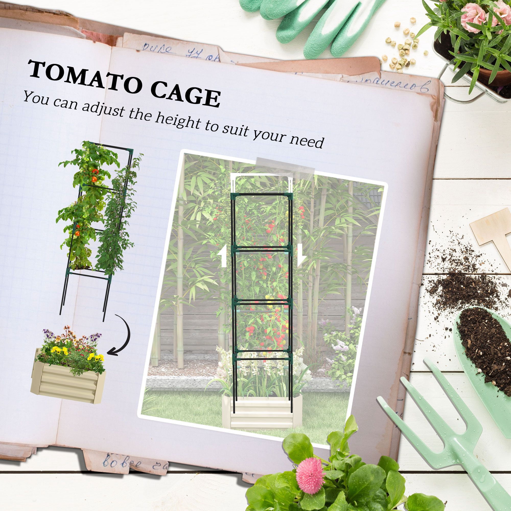 Outsunny Galvanized Steel Raised Garden Bed with Adjustable Tomato Trellis Cage, 24" x 24" x 73.5" Cream White Planter for Vegetables and Climbing Vines in Backyard or Patio