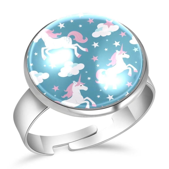 PhooArto Pink Unicorns Cloud Pattern Stainless Steel Rings for Women, Open Adjustable Ring Promise Ring Jewelry Gifts