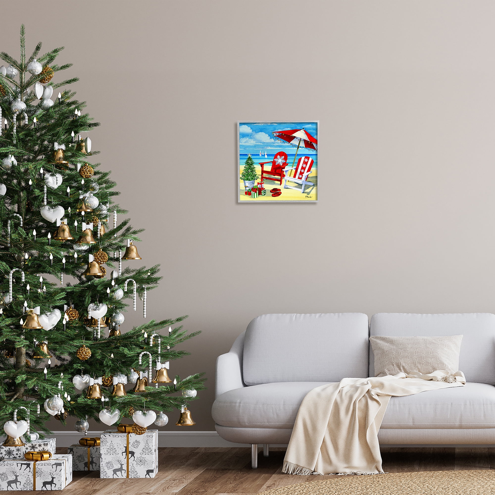 Stupell Industries Coastal Christmas Scene Holiday Painting Gray Framed Art Print Wall Art, 17 x 17