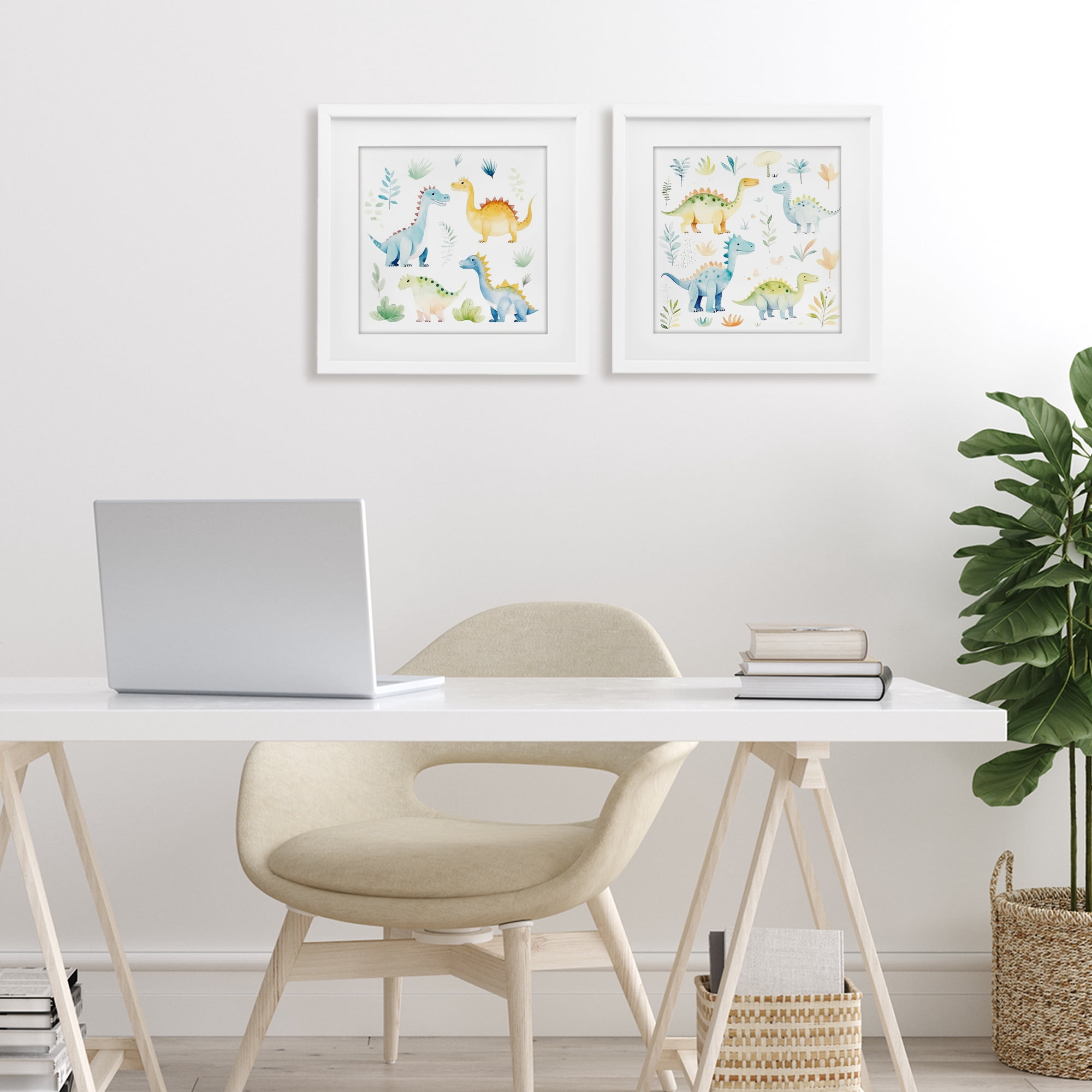 Stupell Industries Playful Dinosaur Wonders 2 Piece White Framed Print Under Glass Set, design by Lazar Studio