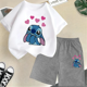 thumbnail image 3 of Conjunto de dos piezas de camiseta y pantalones cortos de Disney Stitch para niños de verano 2024, conjunto de pantalones cortos de manga corta informales a la moda para niños y niñas, ropa para niños, 3 of 5