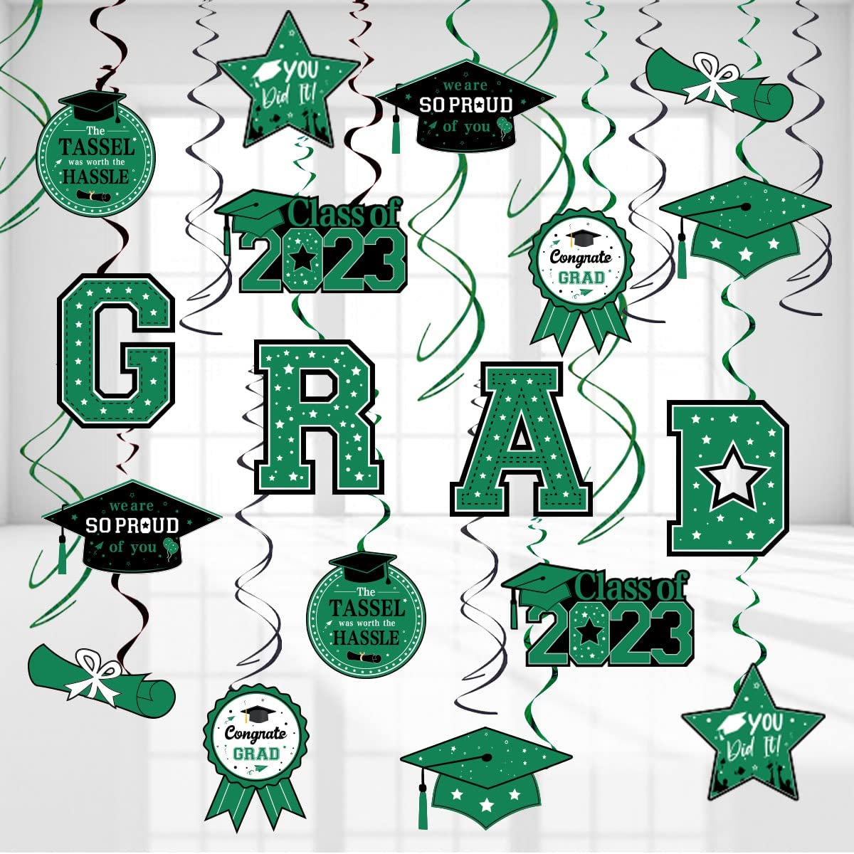 30 Pcs Graduation Hanging Swirl Decorations 2023 Green and Black