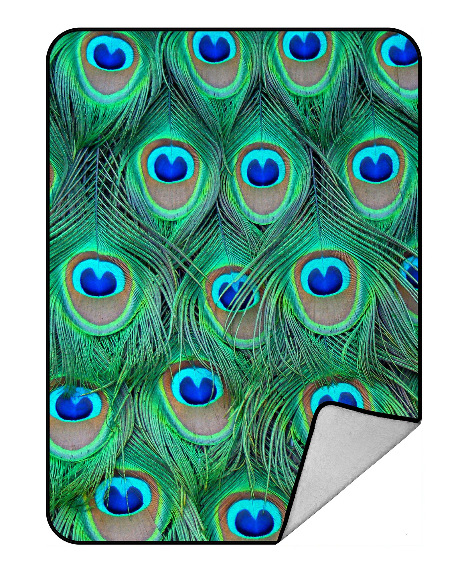 ZKGK Peacock Feathers Blanket Crystal Velvet Front and Lambswool Sherpa