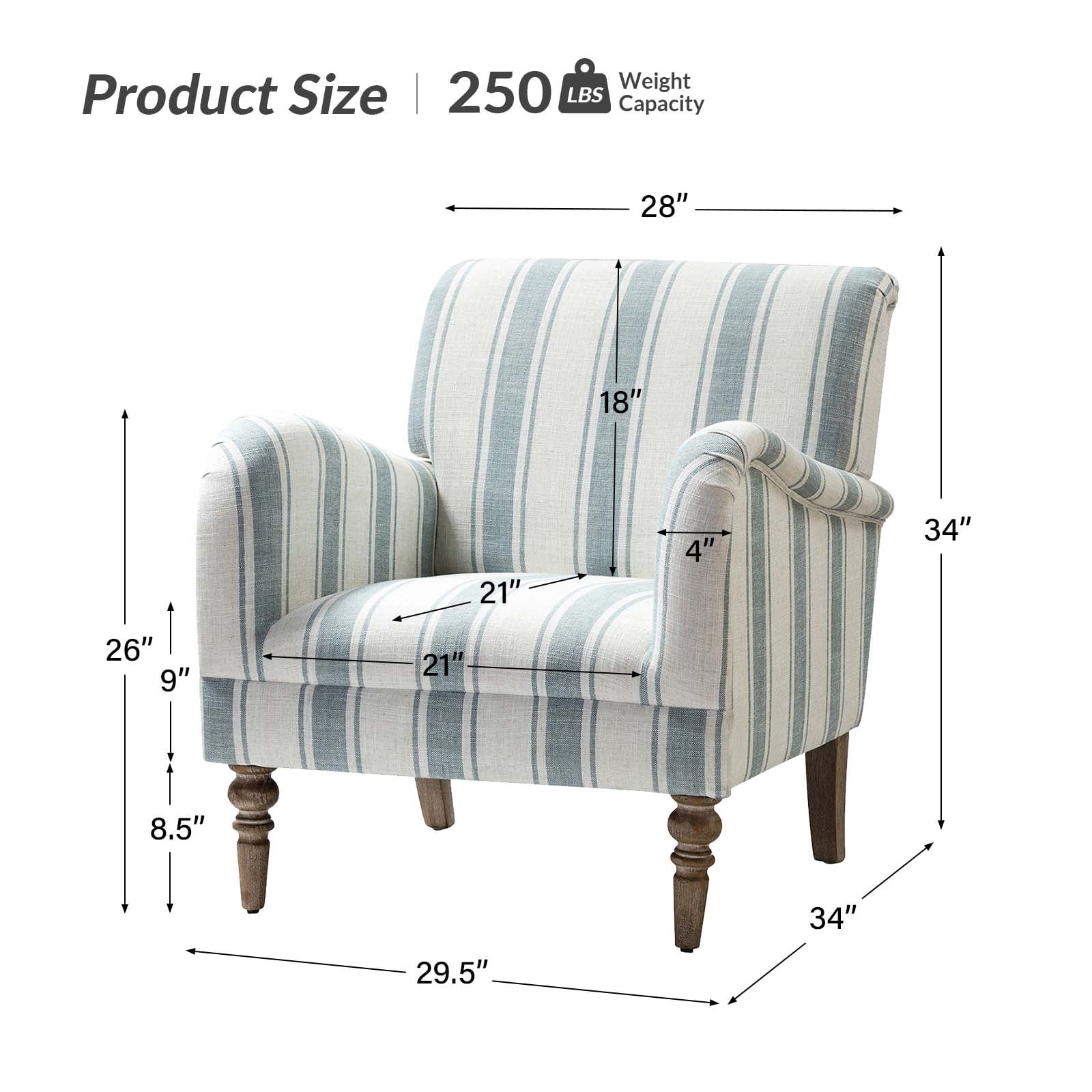 Stripe Armchair Upholstered Wooden Legs Accent Chair for Home Living Room Bedroom Adult Blue Stripe