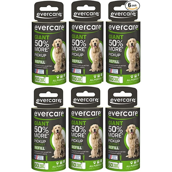 Evercare Pet Giant Refill For Extra Sticky Adhesive Pet Hair Lint Roller With 60 Easy Peel Sheets 6 Pack, Green New
