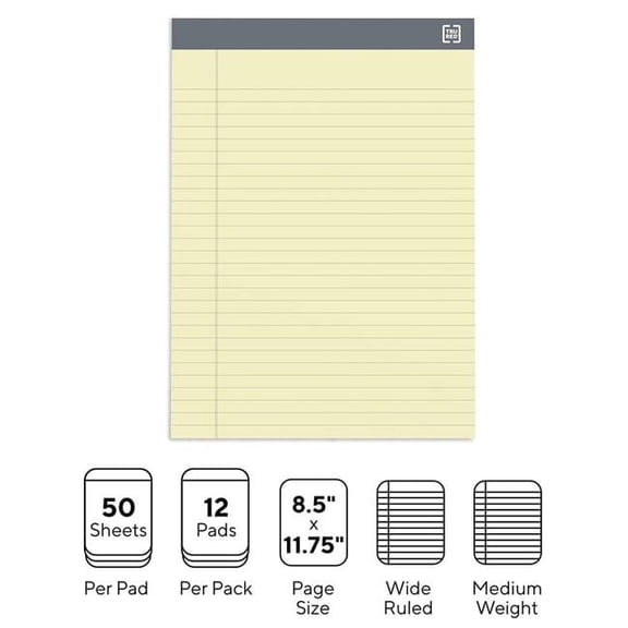 8.5 x 11.75 in. Wide Ruled Notepads, Canary - 12 Pads per Pack