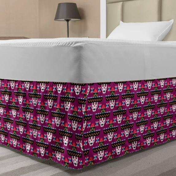 Cinco de Mayo Bed Skirt, Traditional Mexican Ornamental Skull Motif with Sombrero Hat, Elastic Bedskirt Dust Ruffle Wrap Around for Bedding Decor, 4 Sizes, Dark Magenta Multicolor, by Ambesonne