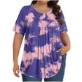 thumbnail image 2 of Yotami Women's Summer Blouse Plus Size Graphic Tee Round Neck Pleated Short Sleeve Tie-Dye Print Casual Shirt for Beach Cover-Up, Pink, 2 of 4