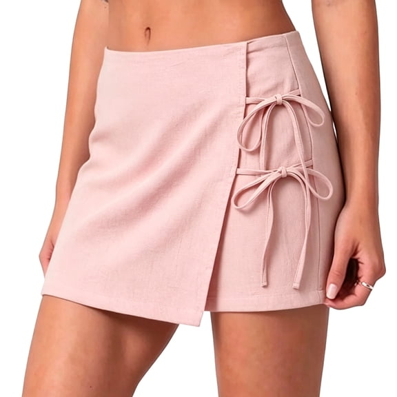 TEAJOPSUU Women's Cotton Blend Skorts A-Line Front Wrap Mini Skirt Shorts Drawstring Knot Side Skort Shorts Pink