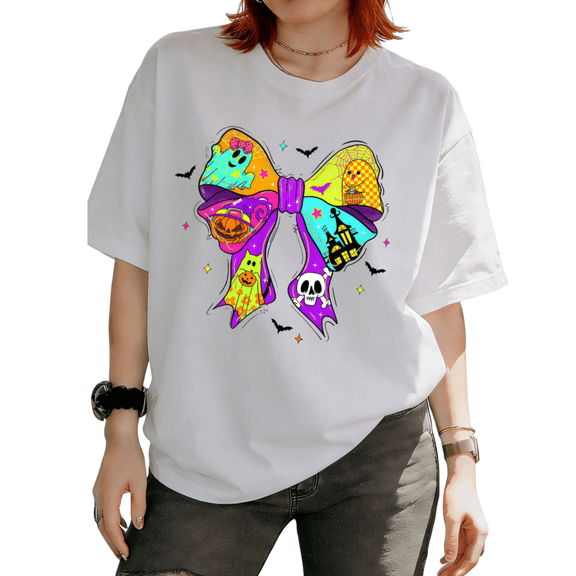 Cozymy Women Cute Cartoon Halloween Tee Ghost Skull Bow Top Sweet Colorful Round-neck short-sleeved T-shirt