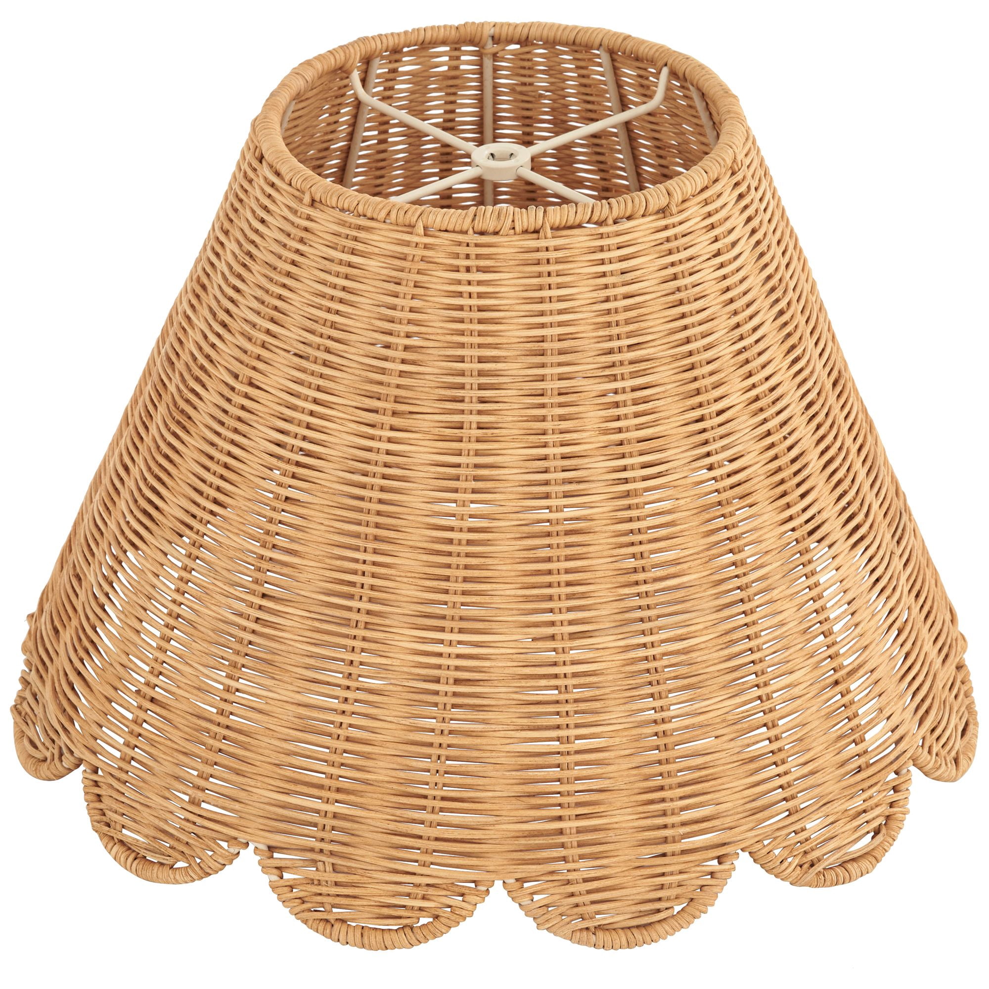 Springcrest 7" Top x 15" Bottom x 9 1/2" High x 9 1/2" Slant Lamp Shade Replacement Natural Rattan Scalloped Bottom Spider Harp Finial