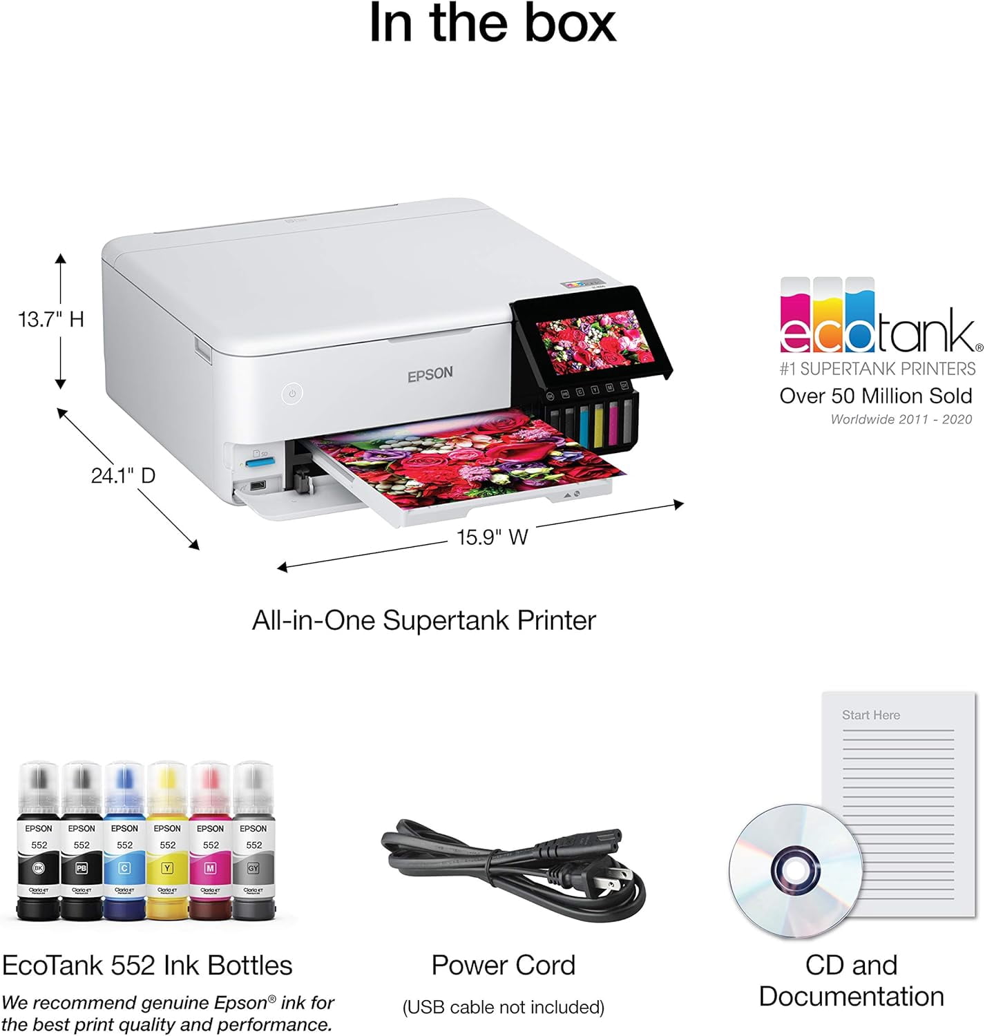 Epson EcoTank Photo ET-8500 Wireless Color All-in-One Supertank Printer with Scanner Copier, Ethernet and 4.3-inch Colorfull Touchscreen - White (Sold without manufacturer warranty)