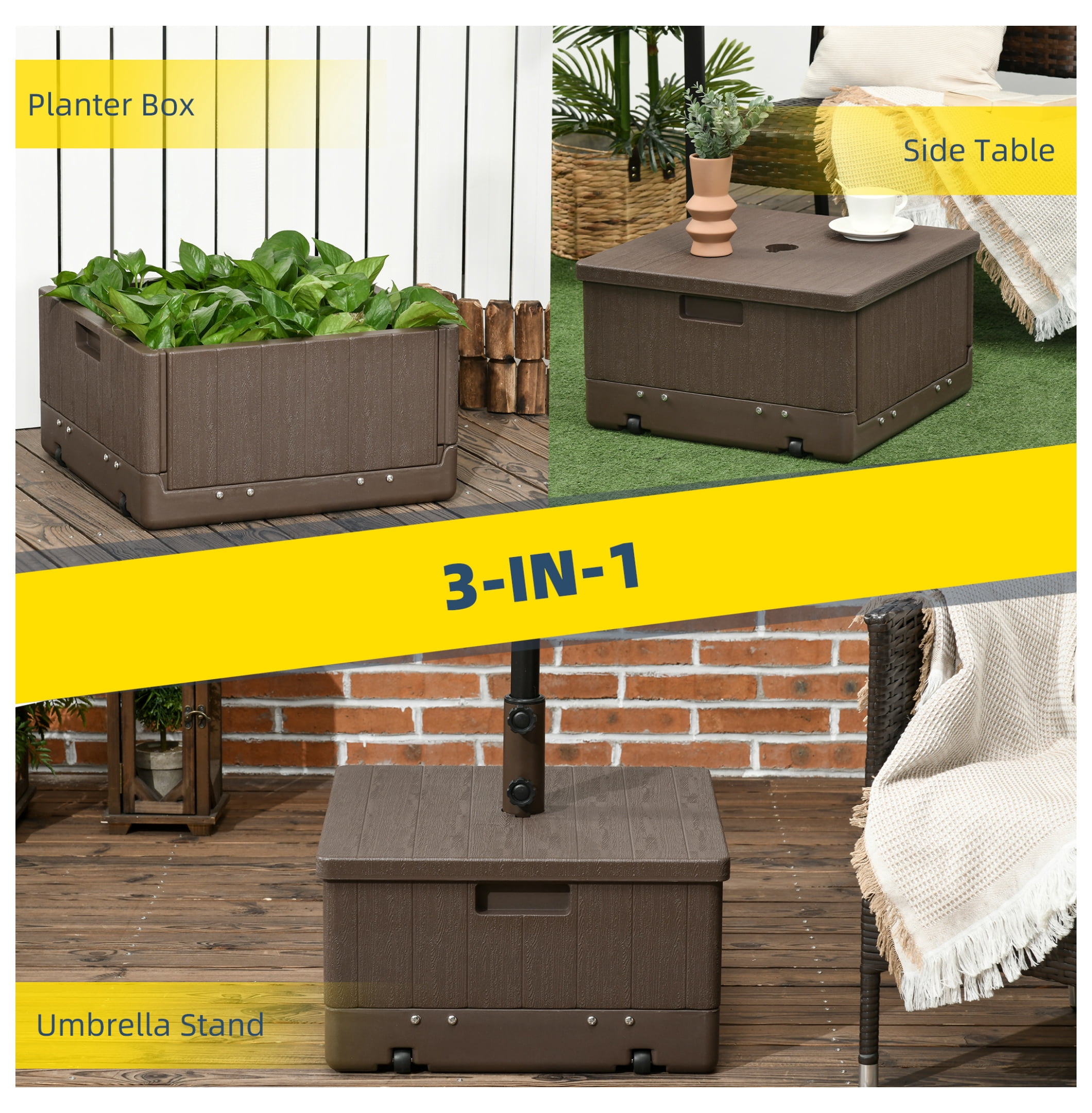 3-in-1 Outdoor Umbrella Base, Coffee End Table, Flower Box Planter, 175lbs Capacity Patio Umbrella Stand Table with Wheels and Handles, Brown