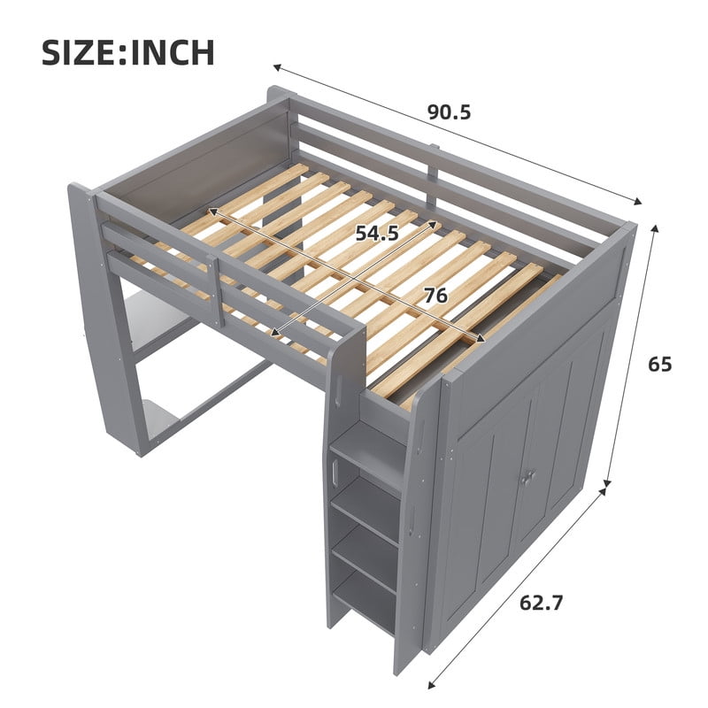 Full Size Wooden Loft Bed with Built-in Desk & Charging Station, Kids Storage Bed Frame with LED Light & Double Door Wardrobe