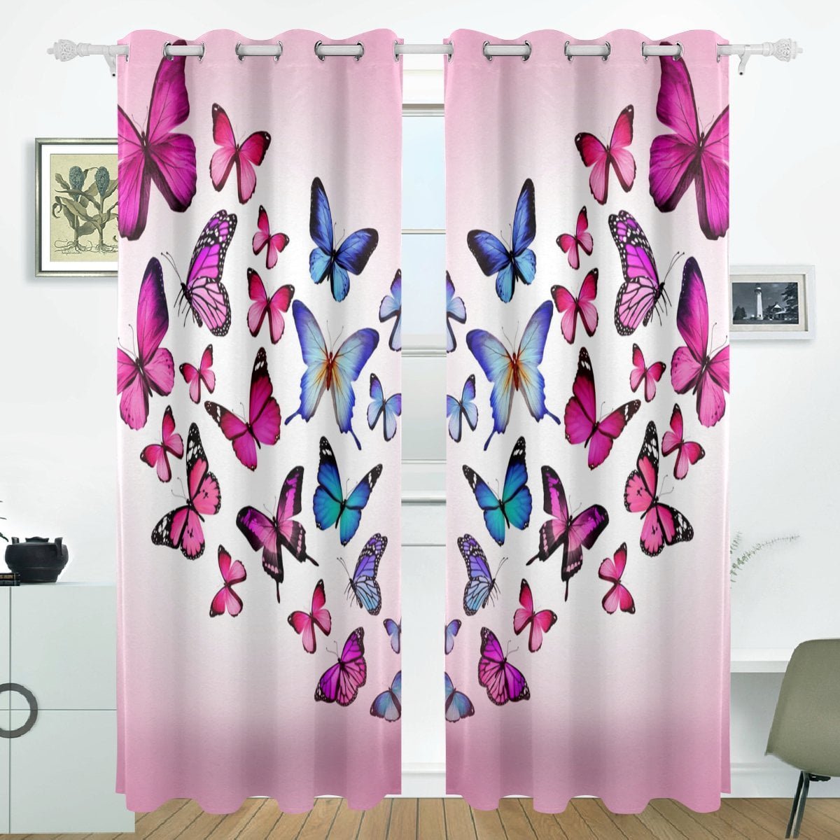 Hippie Pink Butterfly Window Curtain For Living Room Bedroom Curtain 2 Panels 