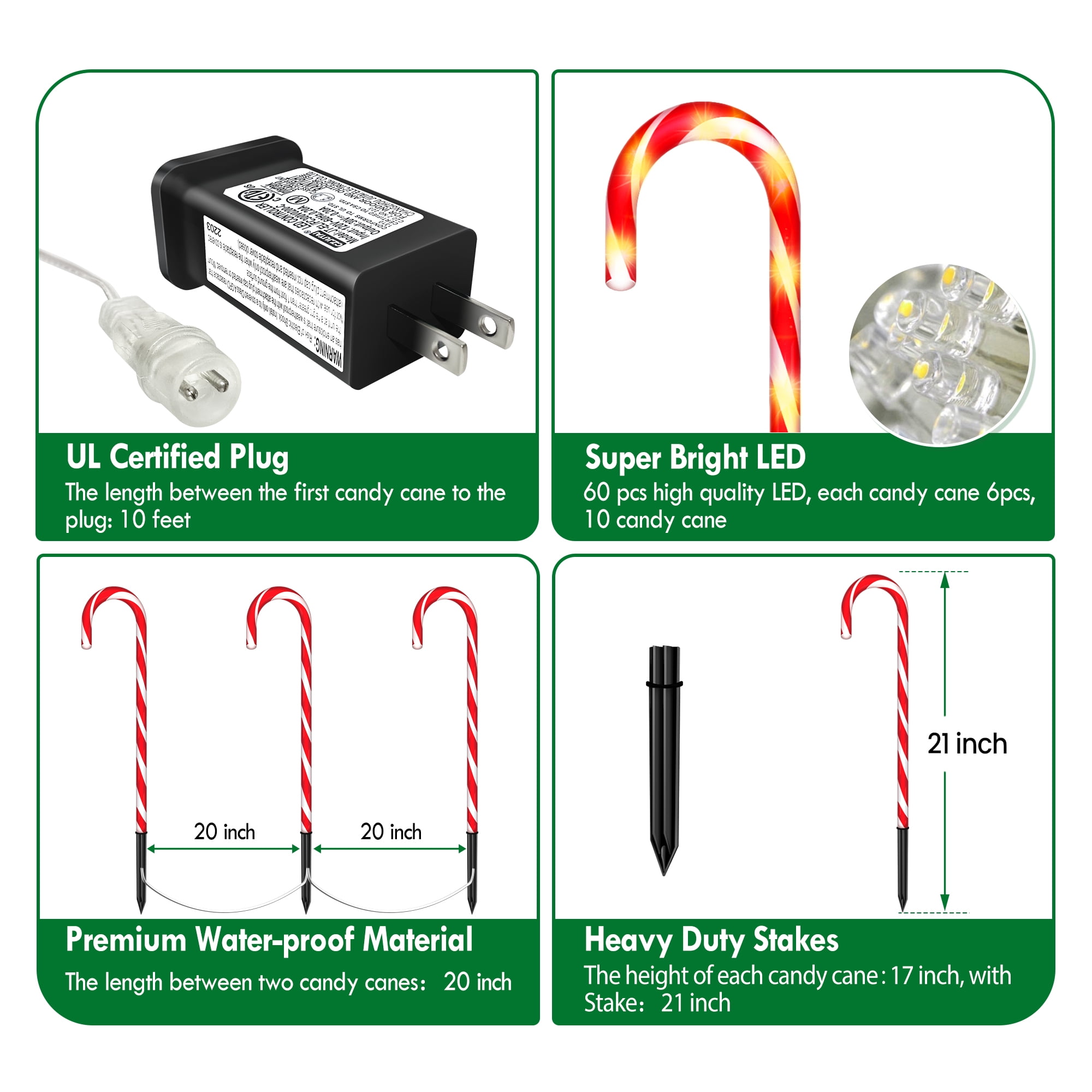 Christmas Candy Cane Lights 21 inch 10 Pack 8 Lighting Modes Flickering Candy Cane Pathway Marker Outdoor Indoor Waterproof UL Listed Christmas Lighting Decoration Light