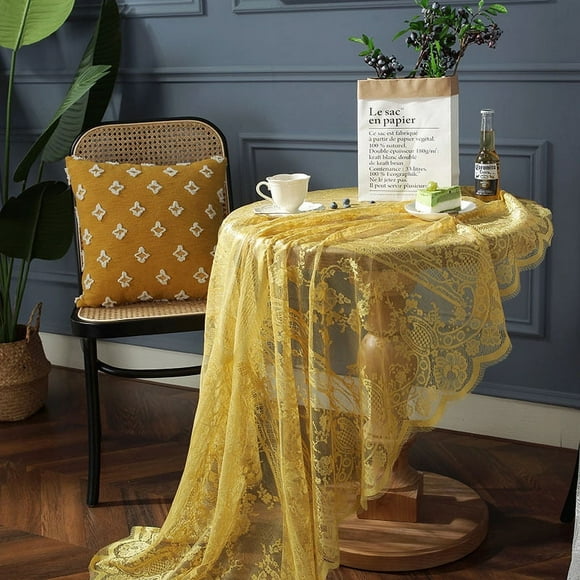 Nvzi Lace Elegant Round Tablecloth Vintage Embroidered Lace Overlay for Party Wedding Kitchen Dining Home Decorations (Yellow, Diameter 60")