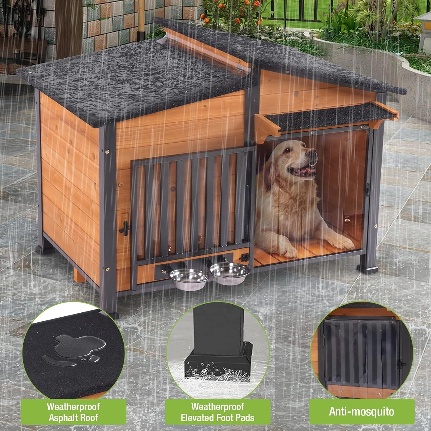 Aivituvin Dog House for Outdoor Use with Matel Frame, Waterproof Design - All-Weather Wooden Kennel with Sliding Window & Metal Frame