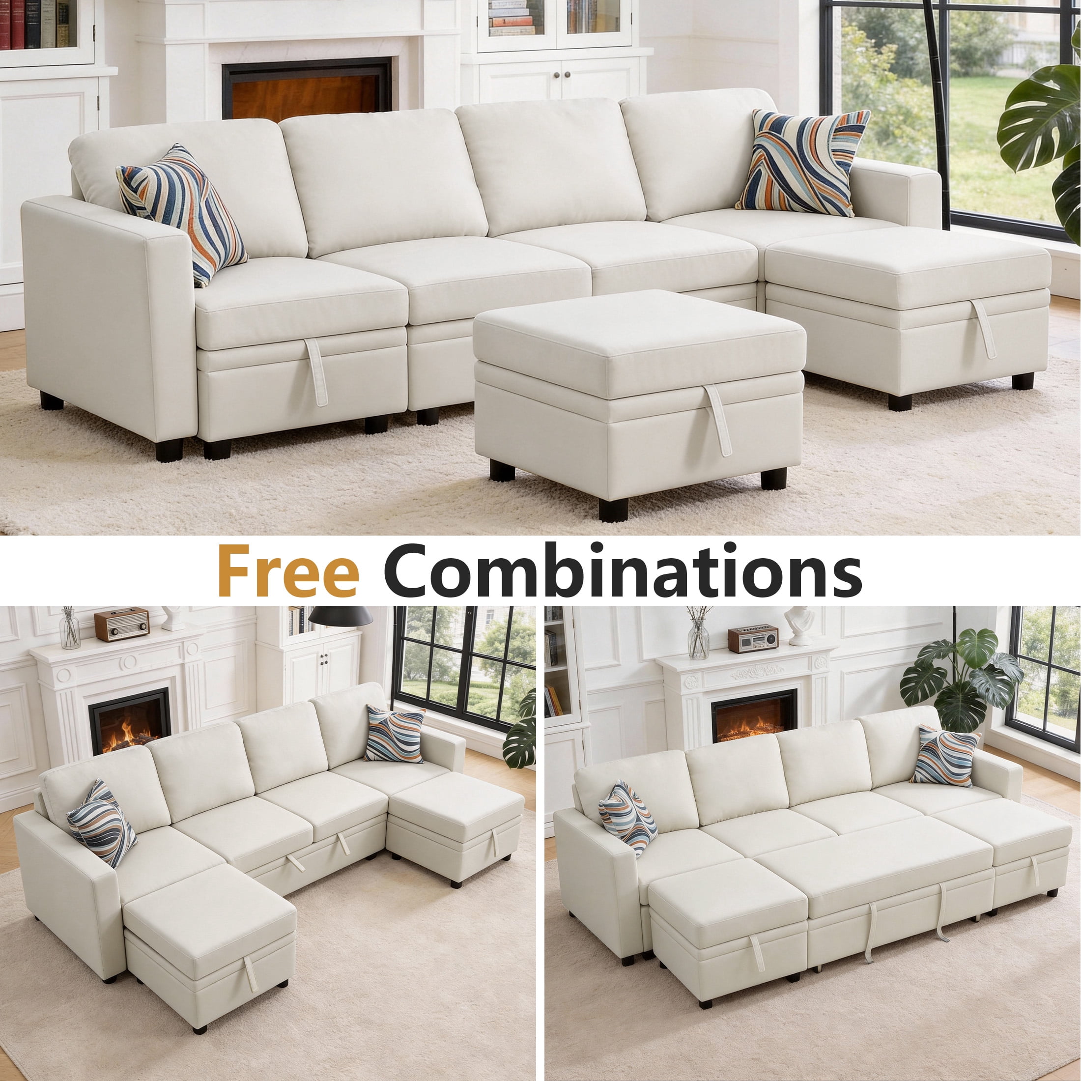 AENKYO 102" U-Shaped Sectional Sofa Bed, Linen Pull Out Sleeper Couch with Storage Seats for Living Room，White
