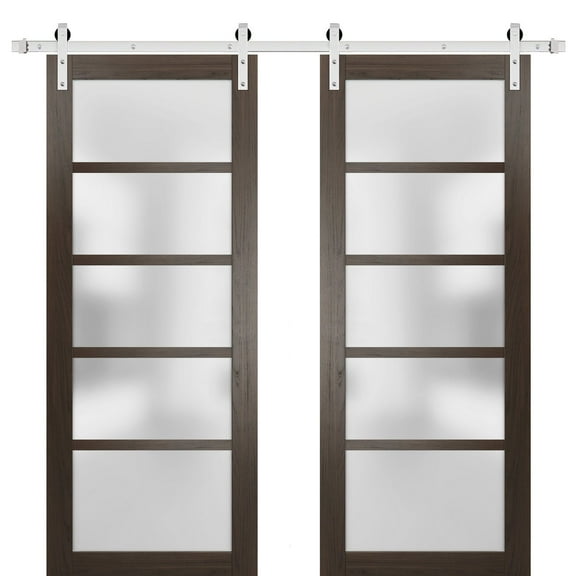 Sturdy Double Barn Door with Frosted Glass | Quadro 4002 Chocolate Ash | 13FT Rail Hangers Heavy Set | Solid Panel Interior Doors-36" x 96" (2* 18x96)-Silver Rail
