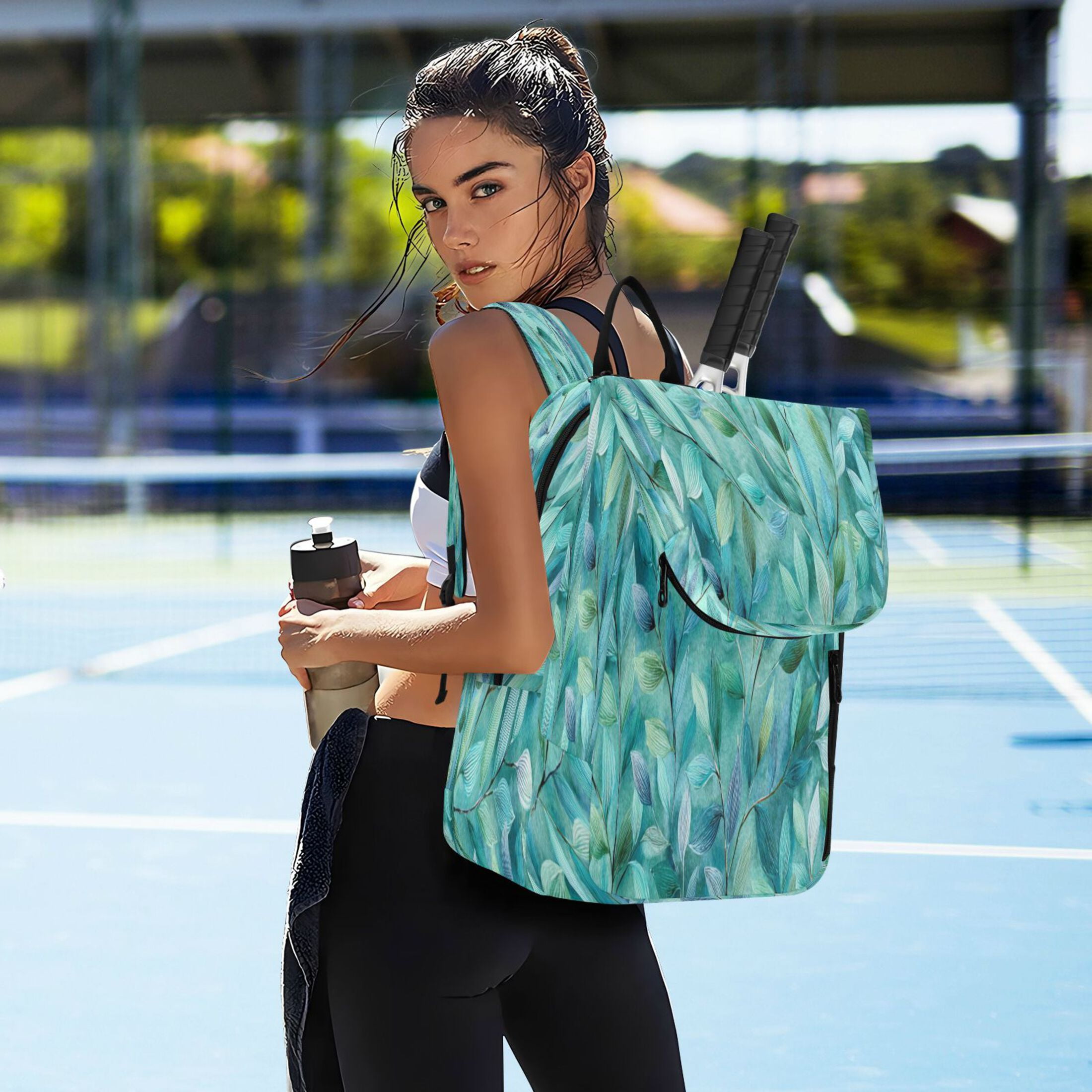 2 Racquet Holder Tennis Backpack Tennis Racket Covers Gym Bags Teal Leaves and Vines