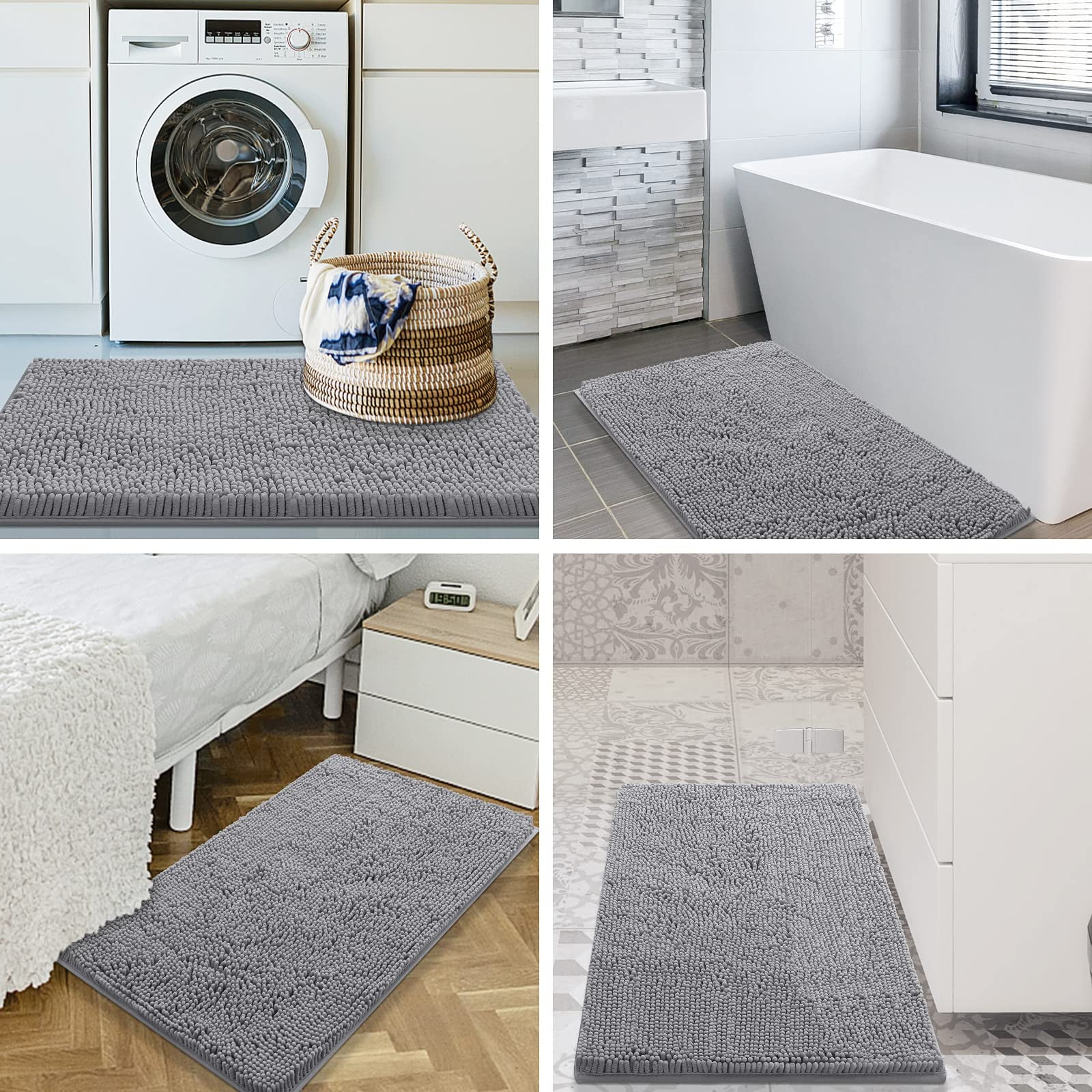 Smiry Bathroom Rugs 2 Piece Set, Soft Absorbent Chenille Bath Mat and U-Shaped Toilet Contour Rug, Non Slip Shaggy Bath Rug Set (30x20+24x20, Light Grey)