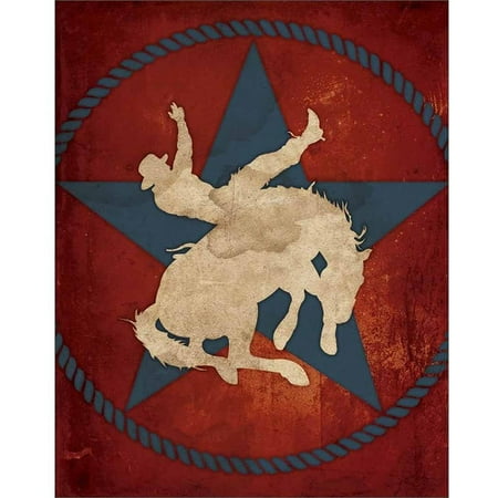 Western Art Painting (Cowboy Bucking Bronco Distressed Texture Star Rope Western Painting Red & Blue Canvas Art by Pied Piper)