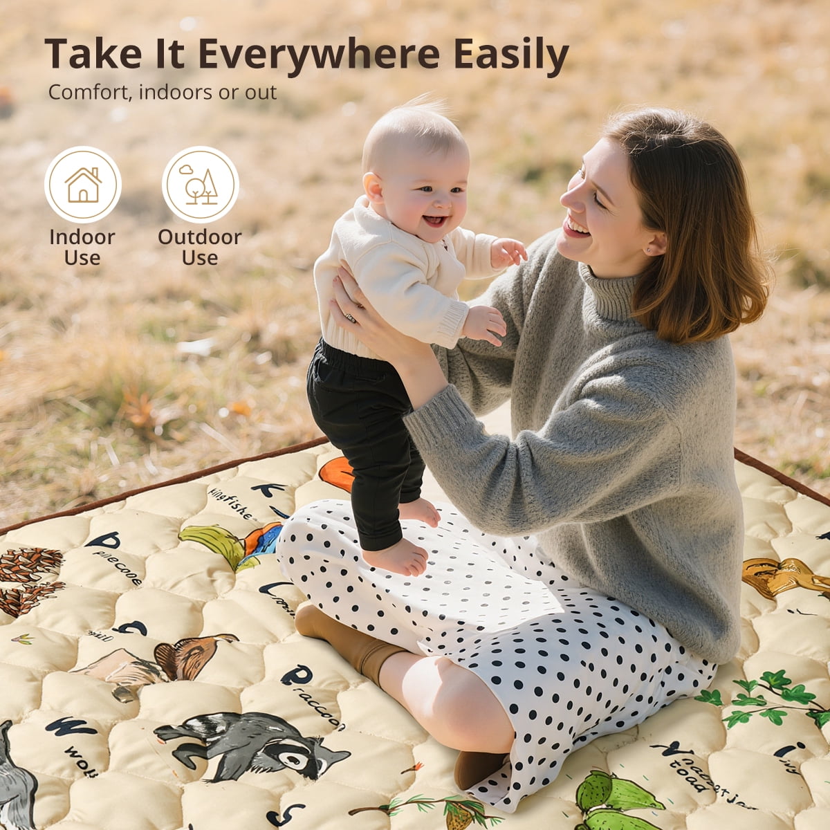 Baby Play Mat, Caveen Thicken Soft Cotton Baby Playmats, Foldable Anti-Slip Floor Crawling Playmat Playpen Mat for Infants and Toddlers, 50"x50", Brown