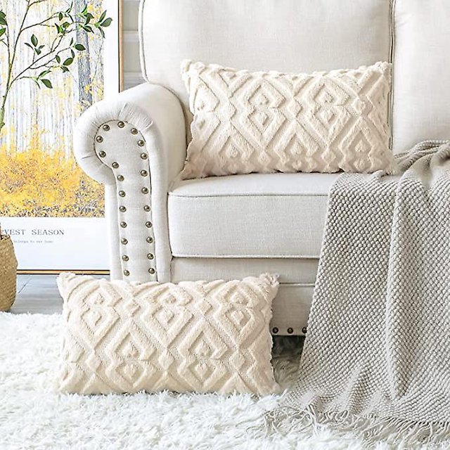 lote De 2 Doux Peluche Laine Courte Velours Dcoratif Housses De Coussin Luxe Style Pour Canap Chambre - Modernes Forme De Diamant Beige, 30 X 50 Cm