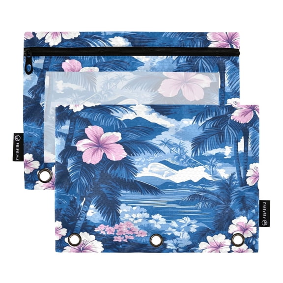 2 Pack 3 Ring Binder Pouch with Clear PVC Window Water Resistant Zipper Pencil Pouch Hawaiian-inspired Print Binder Pocket for Classroom Office Home Stationery Organization