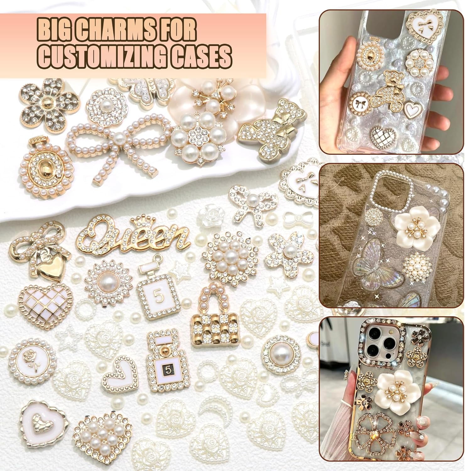 NestE- Junk Case Charms Elegant Flower Butterfly Charm for Phone Case 3D Bow Heart Bear Junk Phone Case Kit Flatback Pearls Rhinestone for Customizing DIY Craft Accessories
