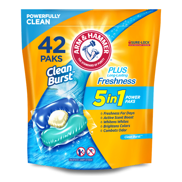 Arm Hammer Clean Burst 5in1 Laundry Detergent Power Paks, High