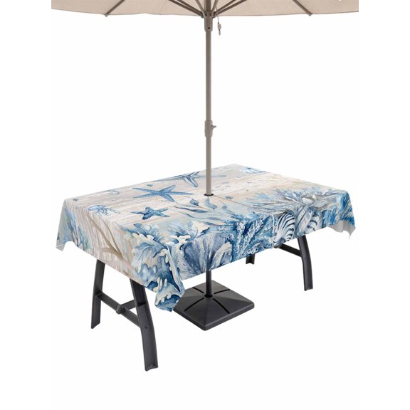 Outdoor Tablecloth with Umbrella Hole for Patio/Picnic/Party/Camping, Blue Coastal Waterproof Table Cloth Rectangle Table Cover Washable, Summer Watercolor Vintage Starfish Corals (60"x 84")