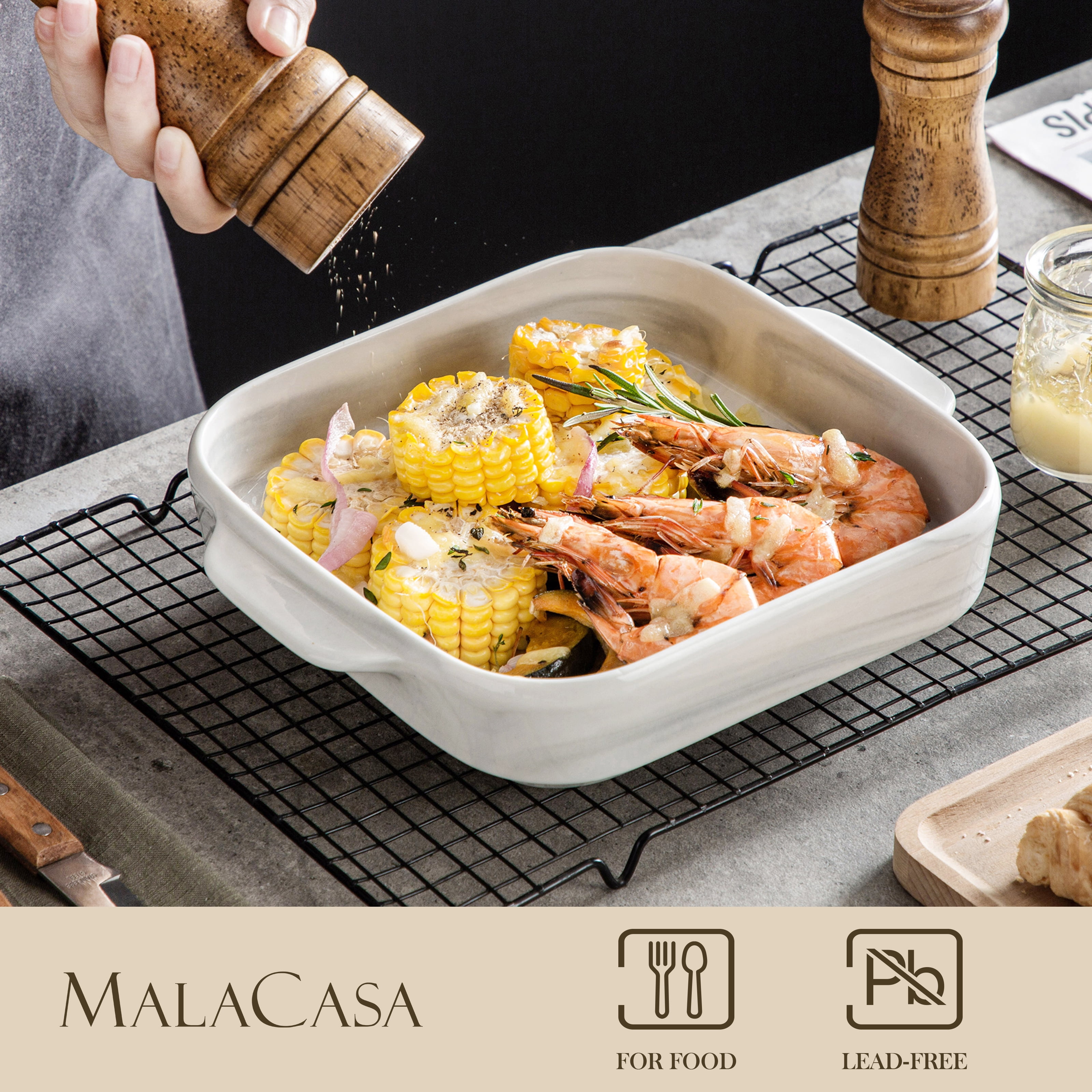 Malacasa 1660ml Lasagne Dishes for Oven, Grey Ceramic Oven Dish with Handles, Deep Rectangular Baking Dish Casserole Dishes, Lasagna Pan Bakeware for Roasting