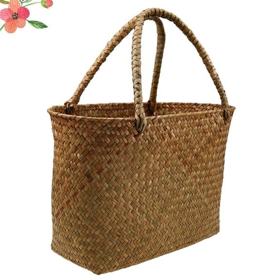 Worgeous  Straw Flower Basket Handwoven Wicker with Handles Plant Baskets Hamper Green