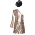 thumbnail image 5 of inlzdz Girls 3Pcs Groovy Jazz Dance Disco Outfit Metallic One Flared Sleeve Leotard with Tassel Skirt Sequin Hat Set Camel 8, 5 of 7