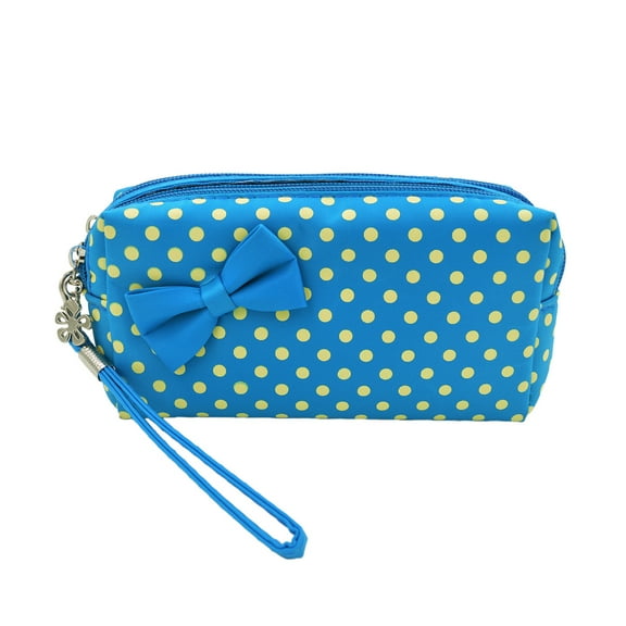 Premium Small Polka Dot Bow Double Zip Wristlet Cosmetic Makeup Bag