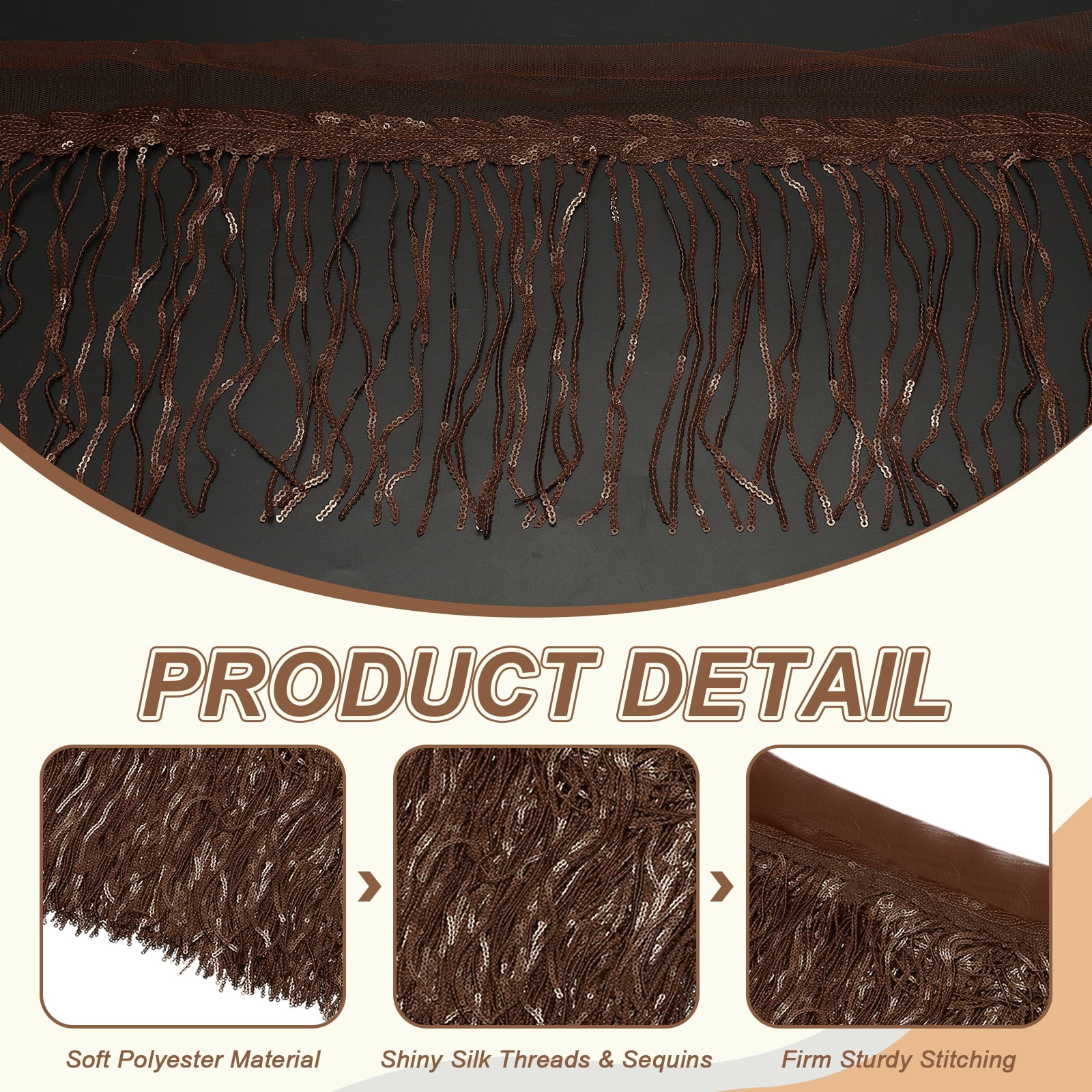 Uxcell 10 Yards 10 Inch Shiny Sequined Tinsel Fringe Trim, Sparkling Spangle Curtain Fringe Paillette Lace Fabric Streamer for DIY Latin Dance Costume Clothing Birthday, Coffee Color